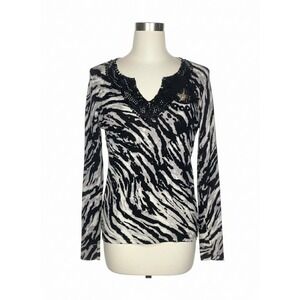 Woman's Motive Sweater Size SMALL Long Sleeve Black/Gray & White, Pullover zebra